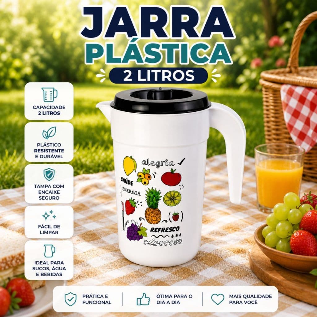 Jarra 2L Plastica Tampa Resistente Ideal Para Cozinha E Geladeira