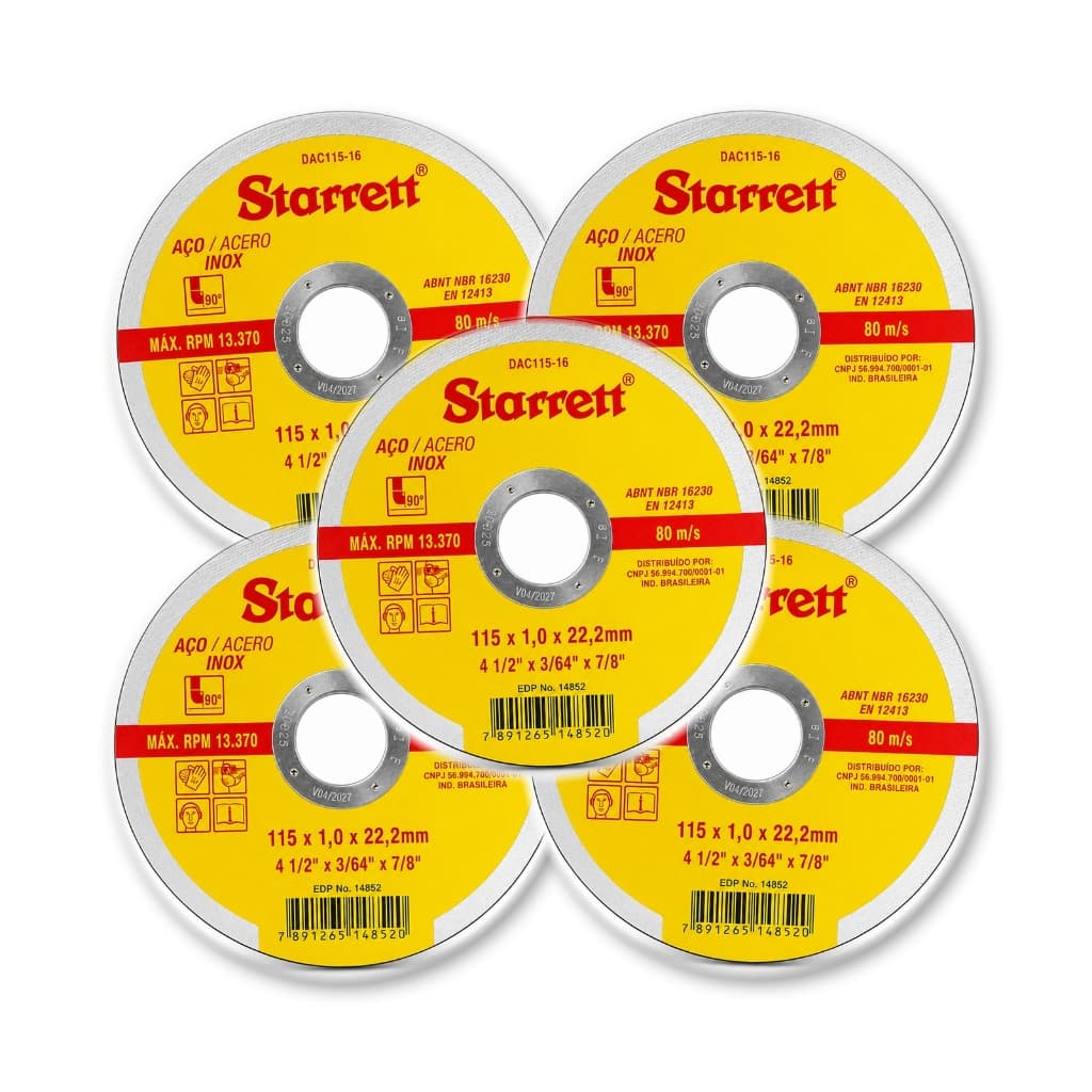 Disco de Corte Fino 115mm Aço Inox Kit 5 Unidades Starrett DAC115-16 para Esmerilhadeira Rebarbadora 4.1/2 Polegadas