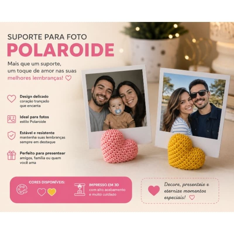 kit 3 Suporte para Foto Polaroid em Formato de Coração – Impresso em 3D ❤️