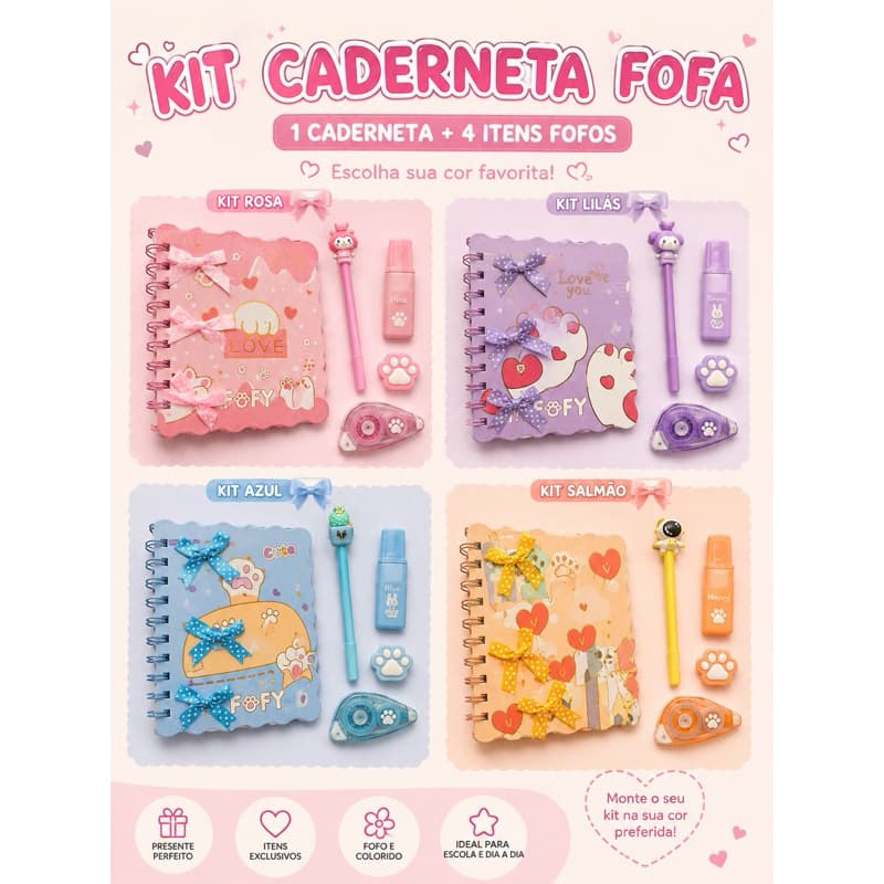KIT CADERNETA FOFA + 4 ITENS POR COR