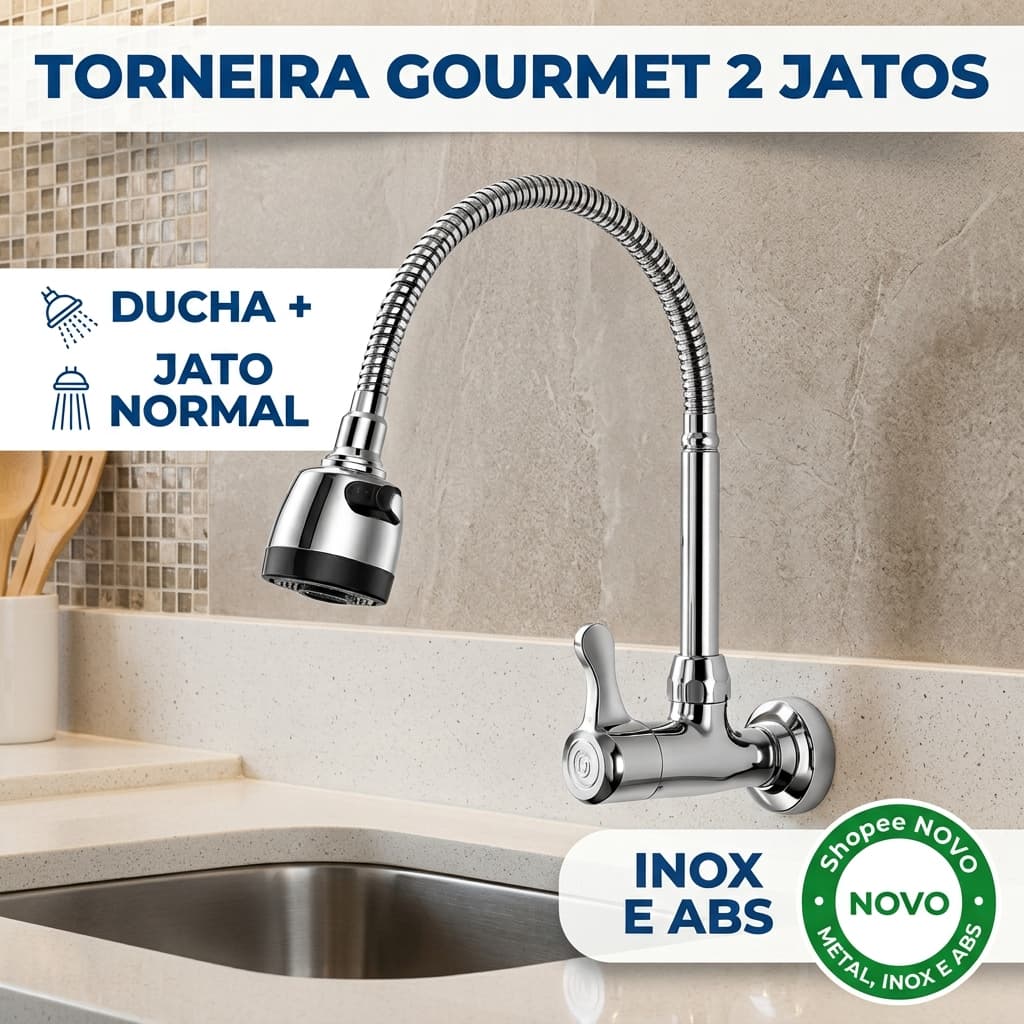 Torneira Cozinha Gourmet Parede Inox e Abs  2 Jatos Flexível