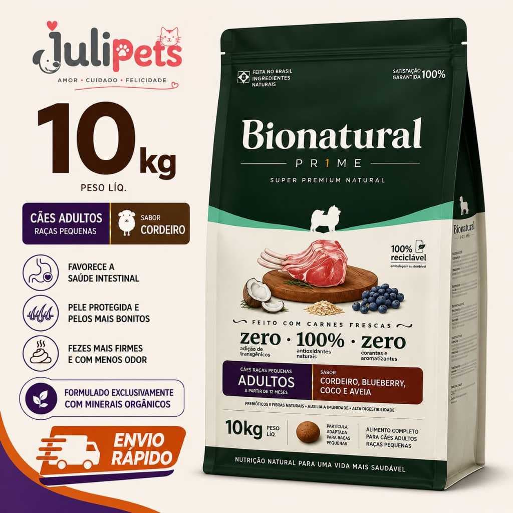 Ração Bionatural Prime Cães Adultos Raças Pequenas Cordeiro Blueberry Coco e Aveia 10,1kg Super Premium Natural