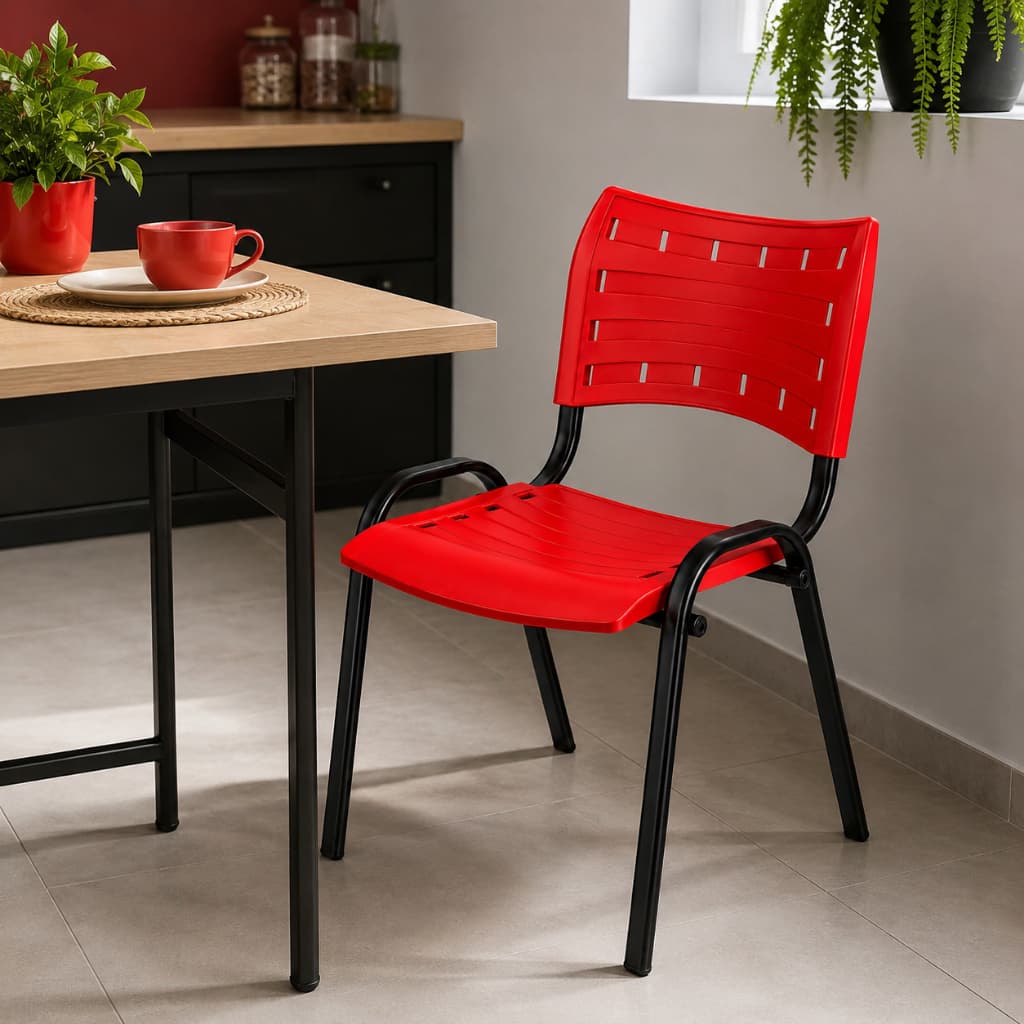 Cadeira Empilhável Vermelha com Braço Estrutura Aço Reforçada Assento Plástico para Cozinha Área Gourmet Eventos