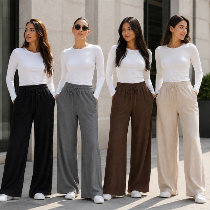 Calça Feminina Canelada com Cordão Elástico Pantalona Outono Inverno Frio Malha Anarruga Premium Wid Leg Cintura Alta
