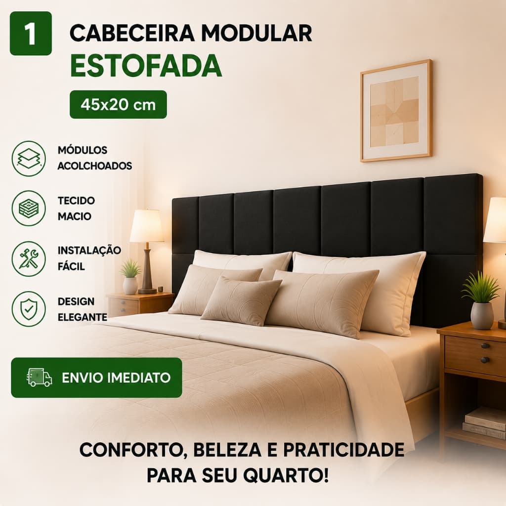 Cabeceira Modular Estofada Adesiva 45x20cm Cama Box Solteiro Casal Queen King