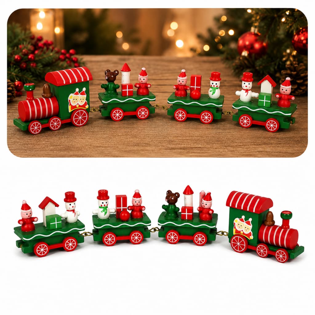Trenzinho de Natal Decorativo 25cm 4 Partes Papai Noel Boneco de Neve Enfeite Natalino para Mesa
