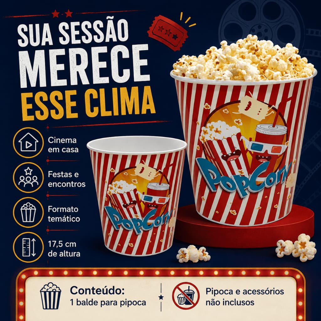 Balde para Pipoca Cinema Grande 17,5 cm para Filmes Festas e Aniversários