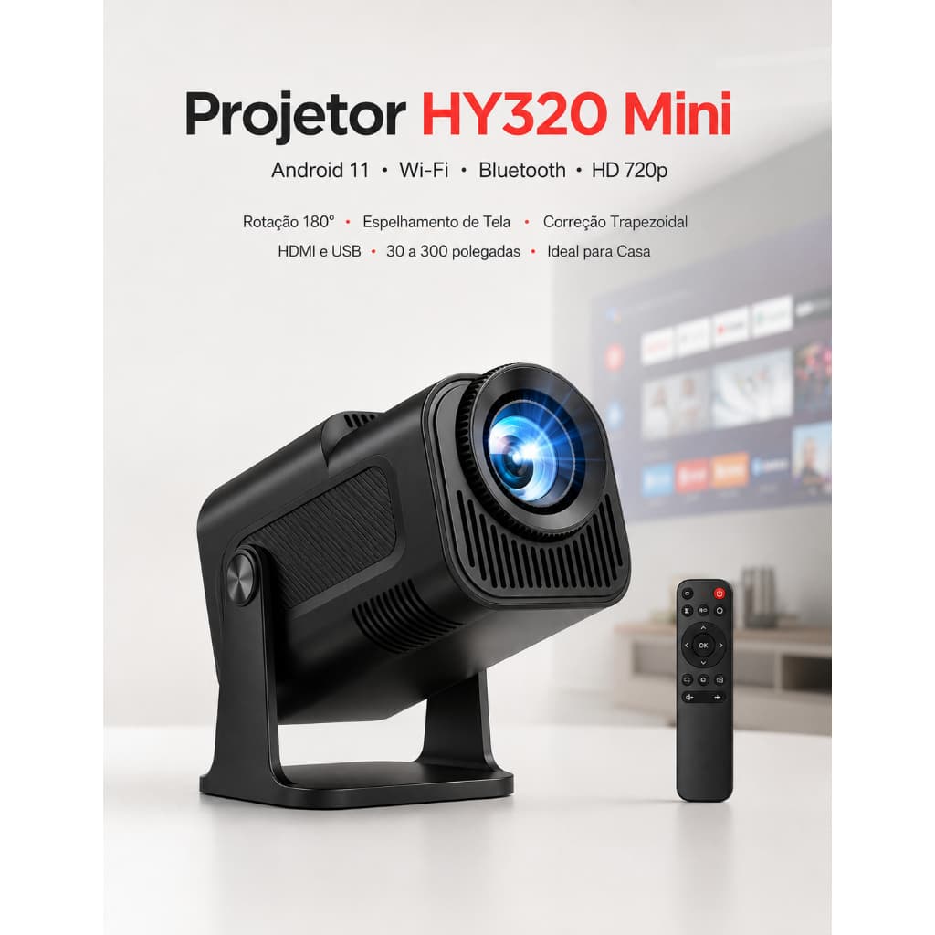 Projetor Hy320 10mil Lúmens 4k Android11 Portátil Bluetooth HDMI, USB-A, PEN-DRIVE, ESPELHAMENTO WIRELESS