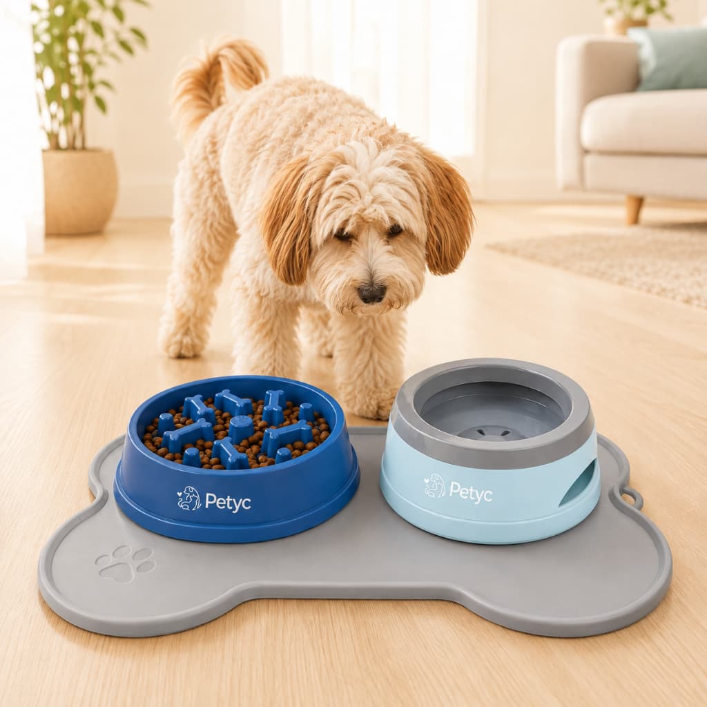 Jogo Americano Petyc Tapete Silicone + Comedouro Lento Labirinto + Bebedouro Pelos Longos Antirrespingo Food Timer