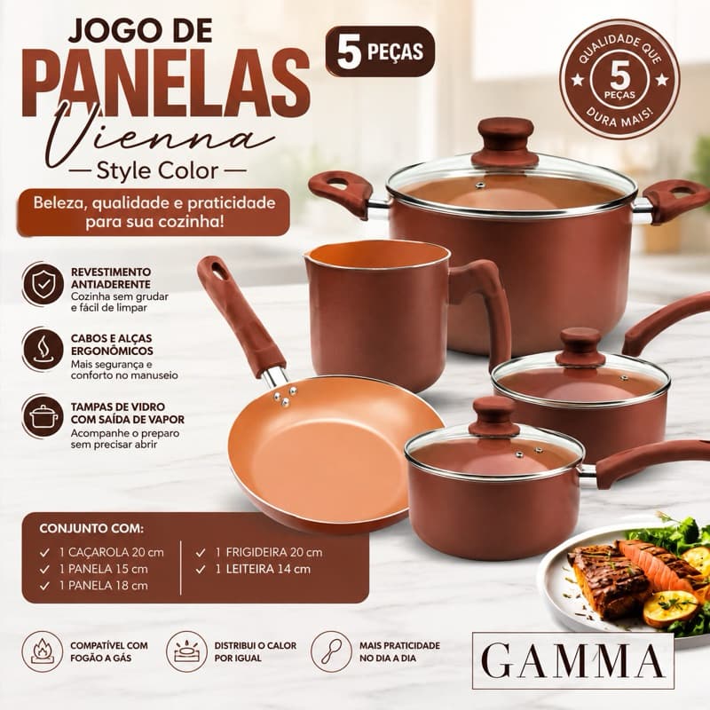 JOGO DE PANELAS VIENNA – 5 PEÇAS ✨🍳