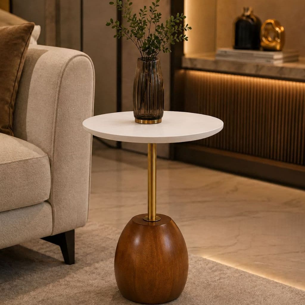 Mesa Lateral com Haste Dourada e Tampo Redondo 40cm Design Moderno Mesa de Apoio Redonda Madeira Maciça Branca