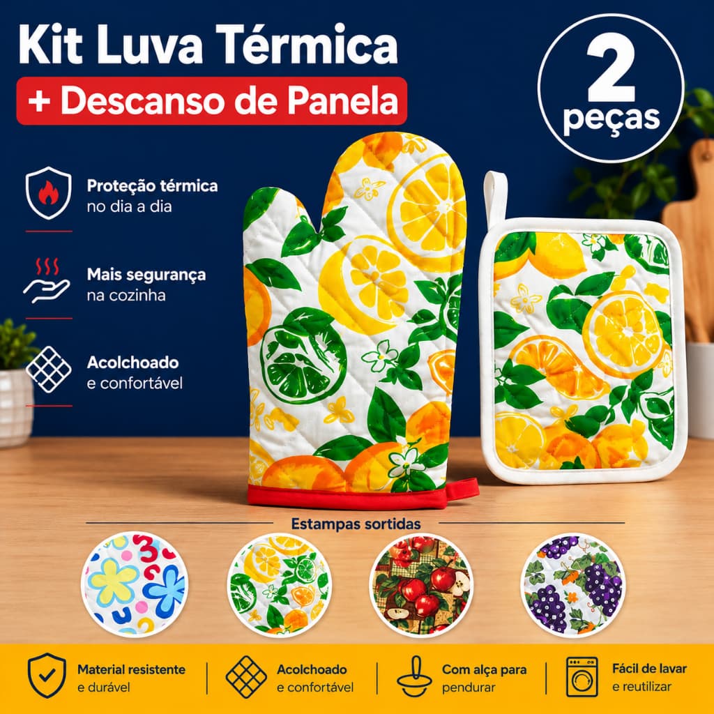 Kit Luva Térmica Forno Fogão Cozinha Descanso de Panela Pegador Térmico para Panela Quente 2 Peças