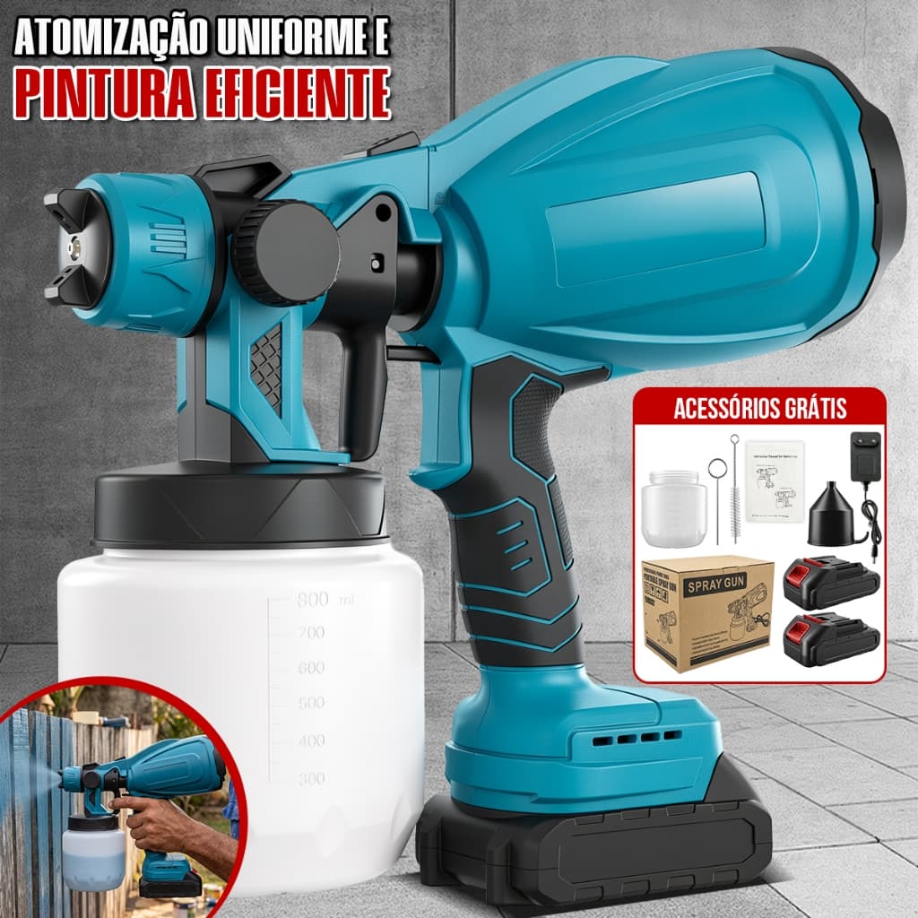 Pistola de Pintura 48V Sem Fio com 2 Baterias Motor Brushless Pulverizador de Tinta Elétrico 800ml Kit Completo