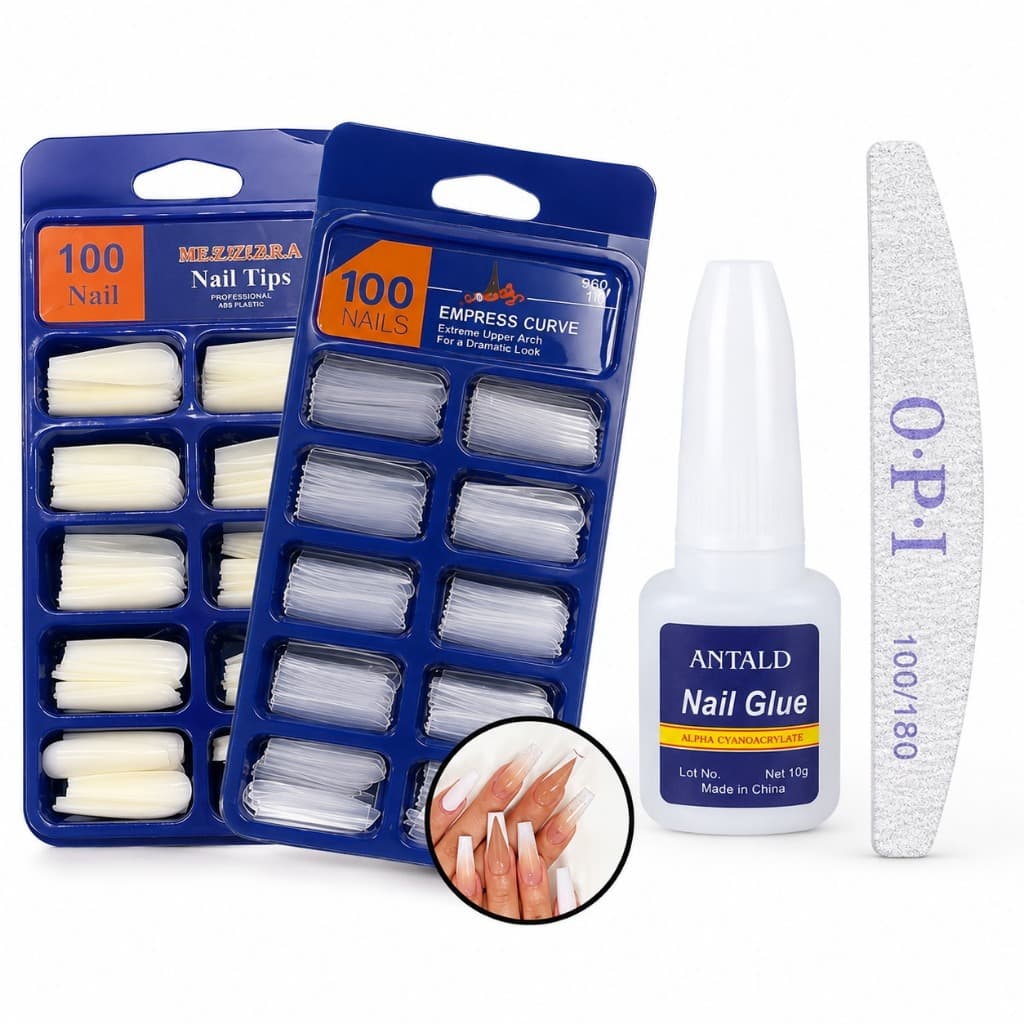 KIT 100 UNHAS POSTIÇAS Bailarina NATURAL REALISTA + COLA UNHA + LIXA BUMERANGUE UNHA 100 180