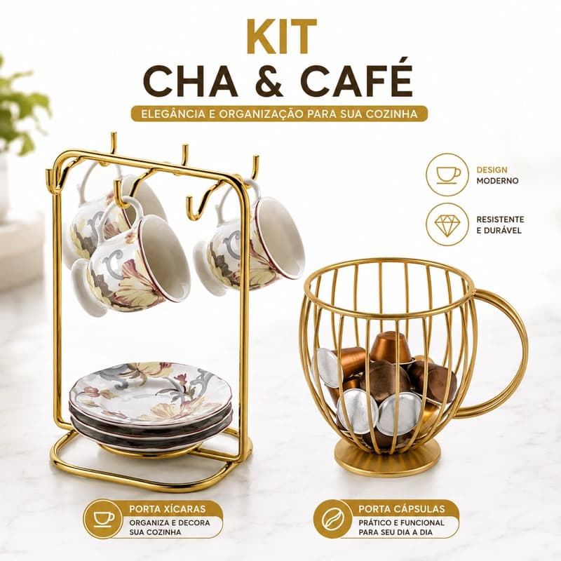 Kit Porta Xícaras + Porta Cápsulas Dourado Organizador de Cozinha