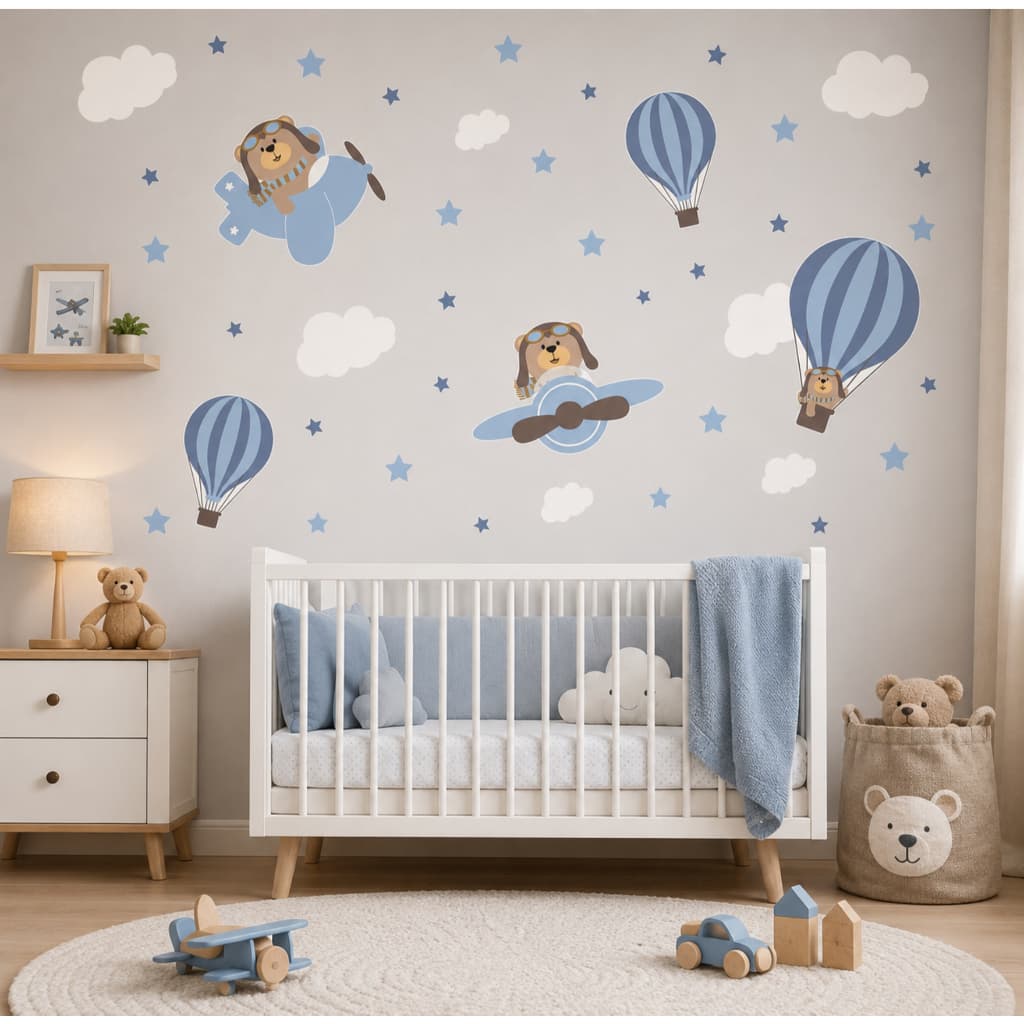 Adesivo de Parede Infantil Avião Ursinho Nuvem Balão Céu Decoração Quarto Bebê Menino