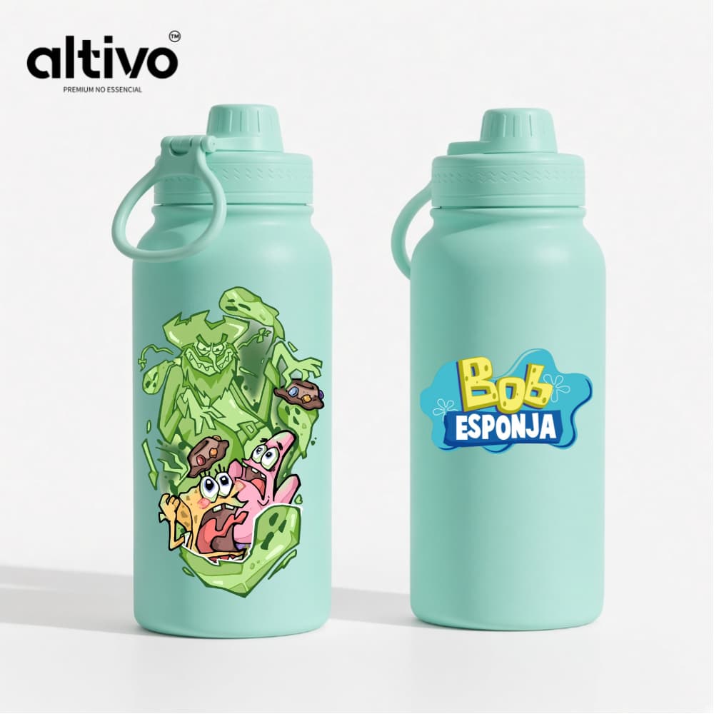 Garrafa Térmica Bob Esponja Em Busca da Calça Quadrada 600ML com Tampa Rosqueável e Alça em Aço Inoxidável
