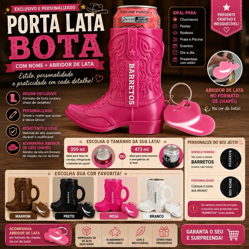 Porta Lata Personalizado Bota Country 350ml ou 473ml para Energético com Nome + Abridor Chapéu