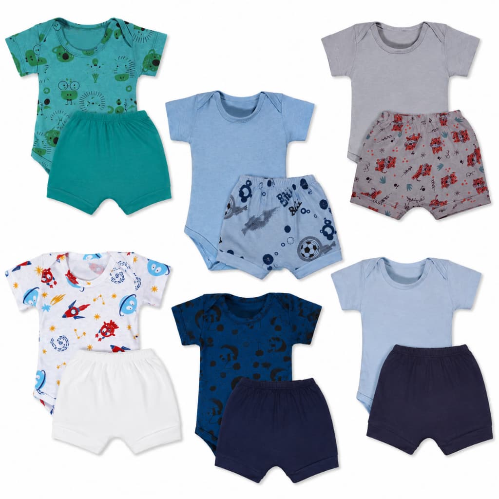 Kit 10 Pçs Body E Shorts Bebe Estampado Malha 100% Algodão Menino Ou Menina