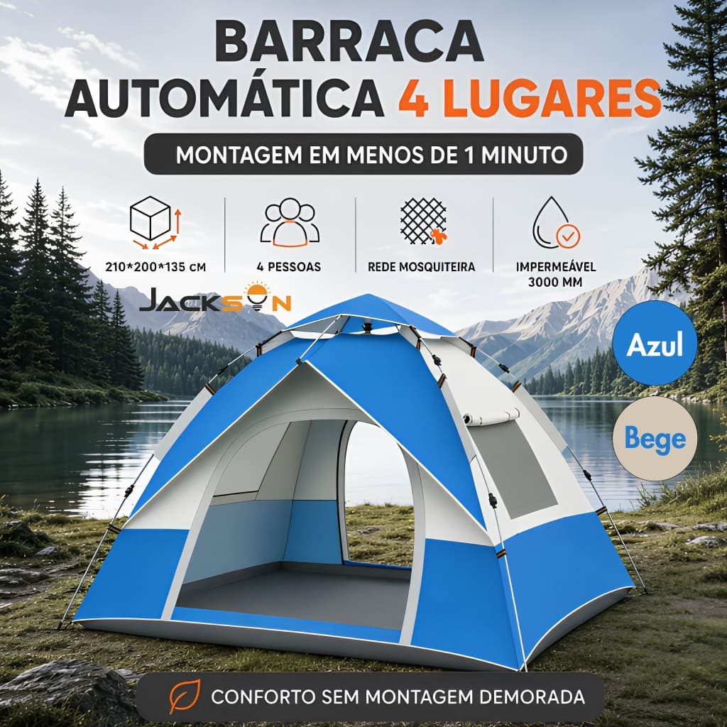 JACKSUN Barraca 4 Pessoas Impermeável Anti-Vento, Suporte Reforçado e Boa Ventilação 210*200*135cm