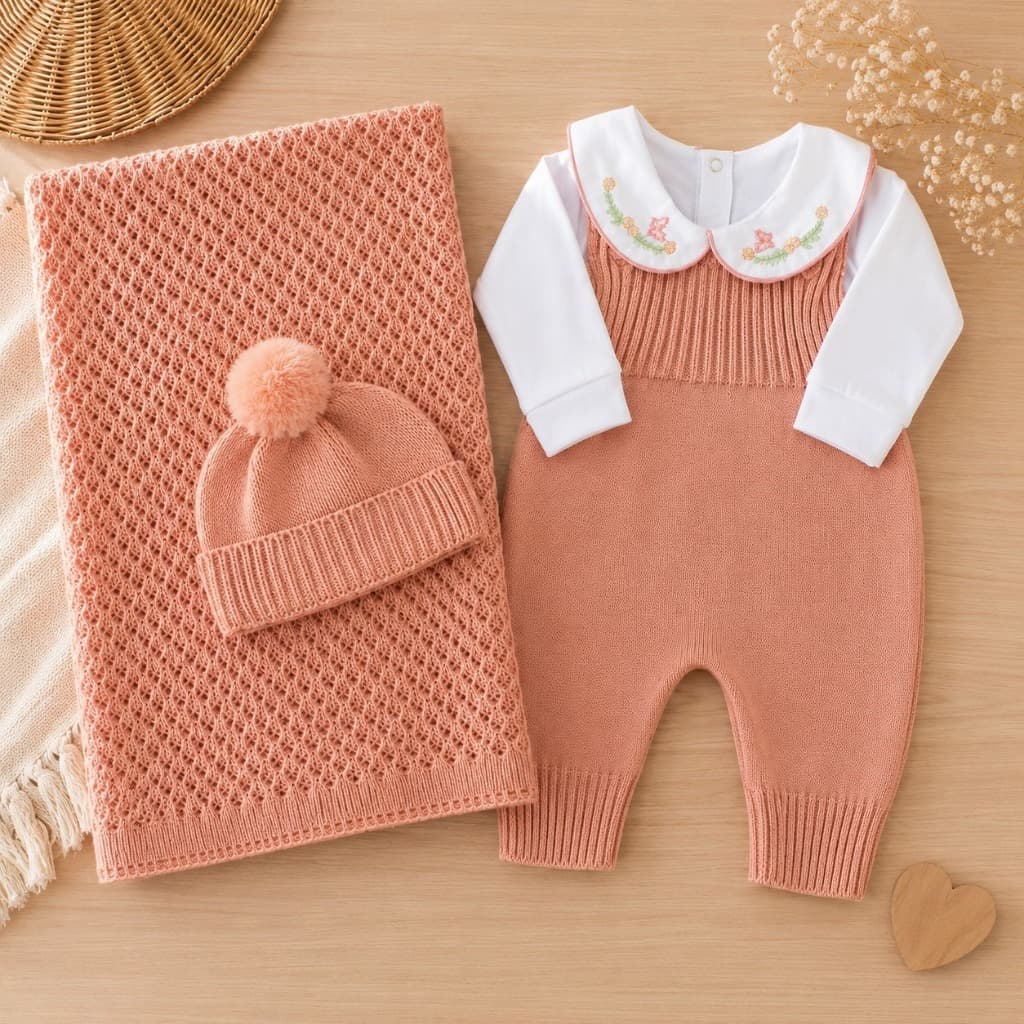 Saída De Maternidade Feminina Bebê Em Tricô Com Jardineira Kit 4 Peças