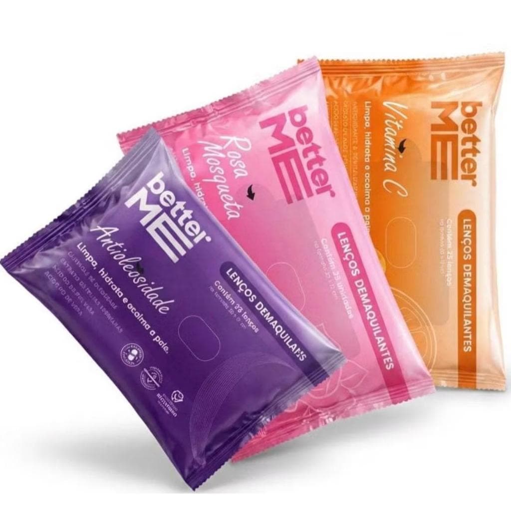 Kit 3 Lenços Faciais Better Me Vitamina C + Antioleosidade + Rosa Mosqueta Limpeza e Remoção de Maquiagem
