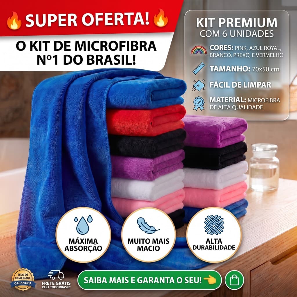 Kit 6 Panos De Chão Microfibra 70x50cm Grande Super Absorvente Alta Durabilidade Macio - Envio Imediato