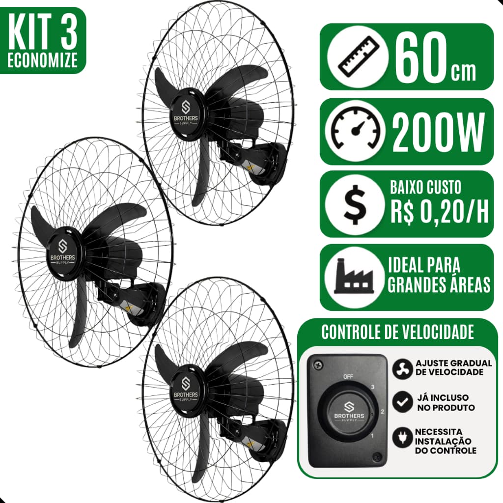 Kit 3 Ventilador de Parede 60cm Oscilante Bivolt Preto 200W Industrial Silencioso 3 Velocidades Loja Galpão