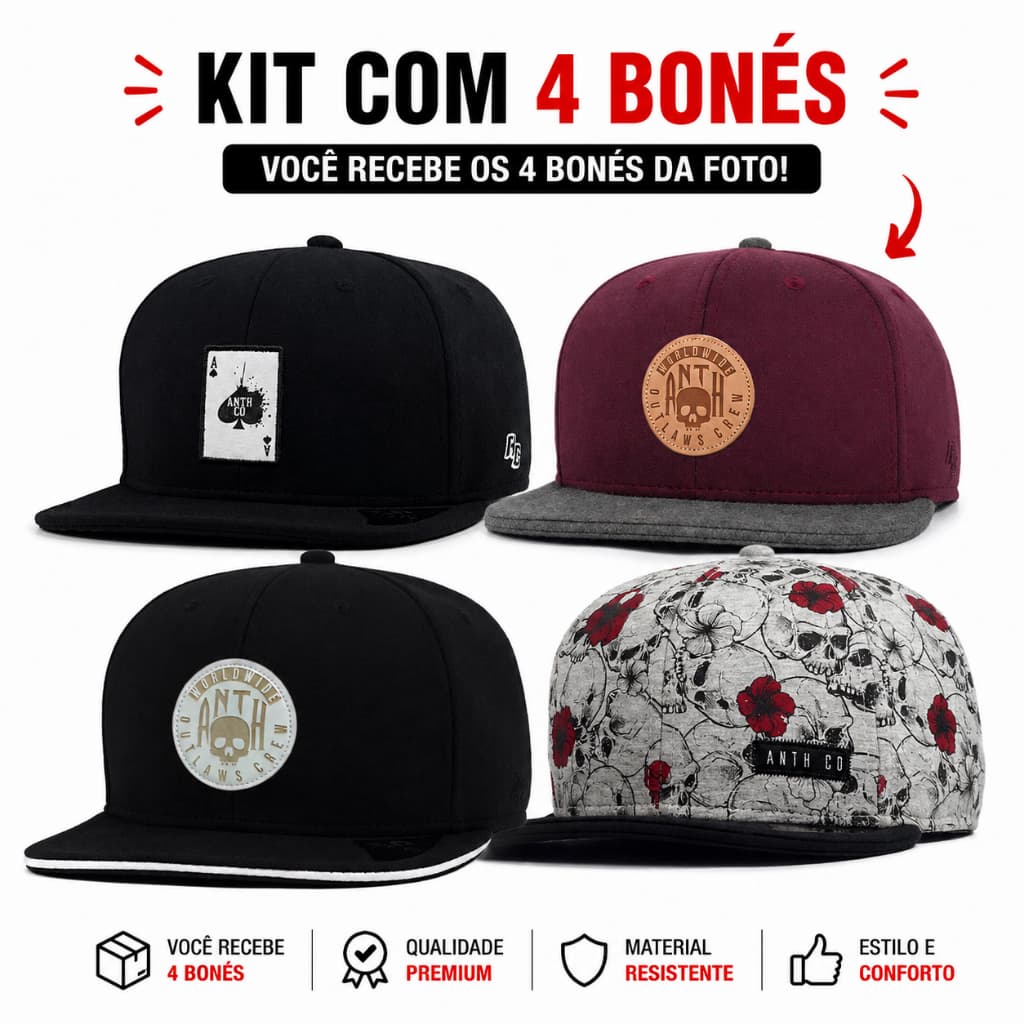 Kit 4 Boné Anth co Aba Reta Aberto Com Ajuste Snapback Catalogo