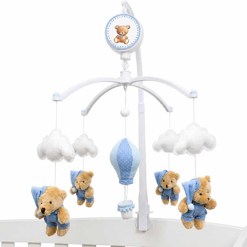 Móbile para Berço Musical Bebê Ursinho Balão Nuvem Azul Bebê Decoração Quarto Infantil