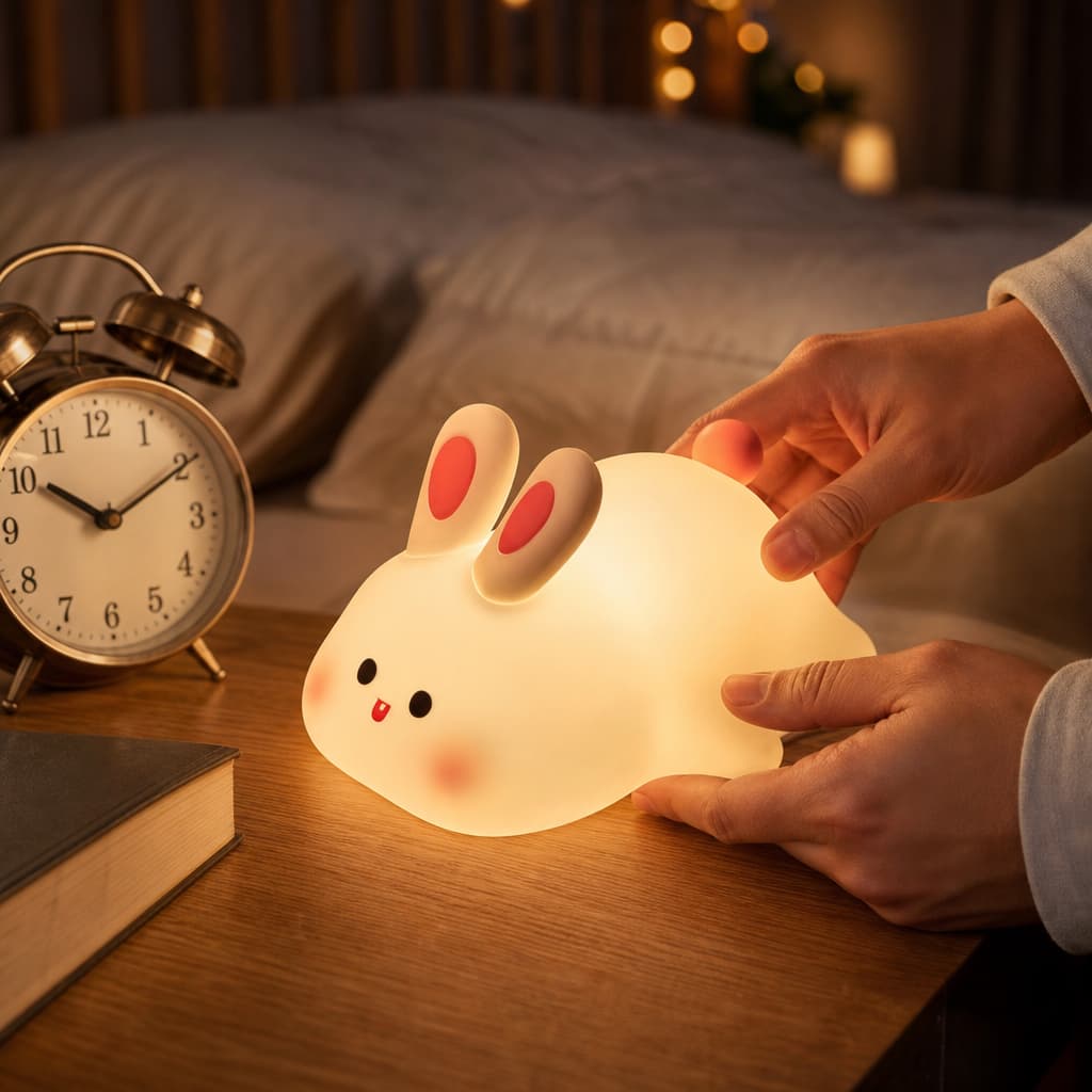 Luminária Coelho Infantil Abajur Quarto Bebê Silicone Macio Recarregável Decoração Noite Fofa Branca