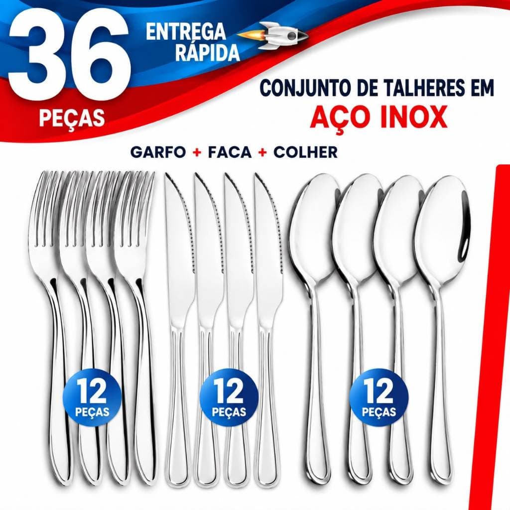 Faqueiro 36/18/12 Peças Talheres Linha Premium Kit 12 Garfos 12 Facas 12 Colheres Cozinha Utilidade.