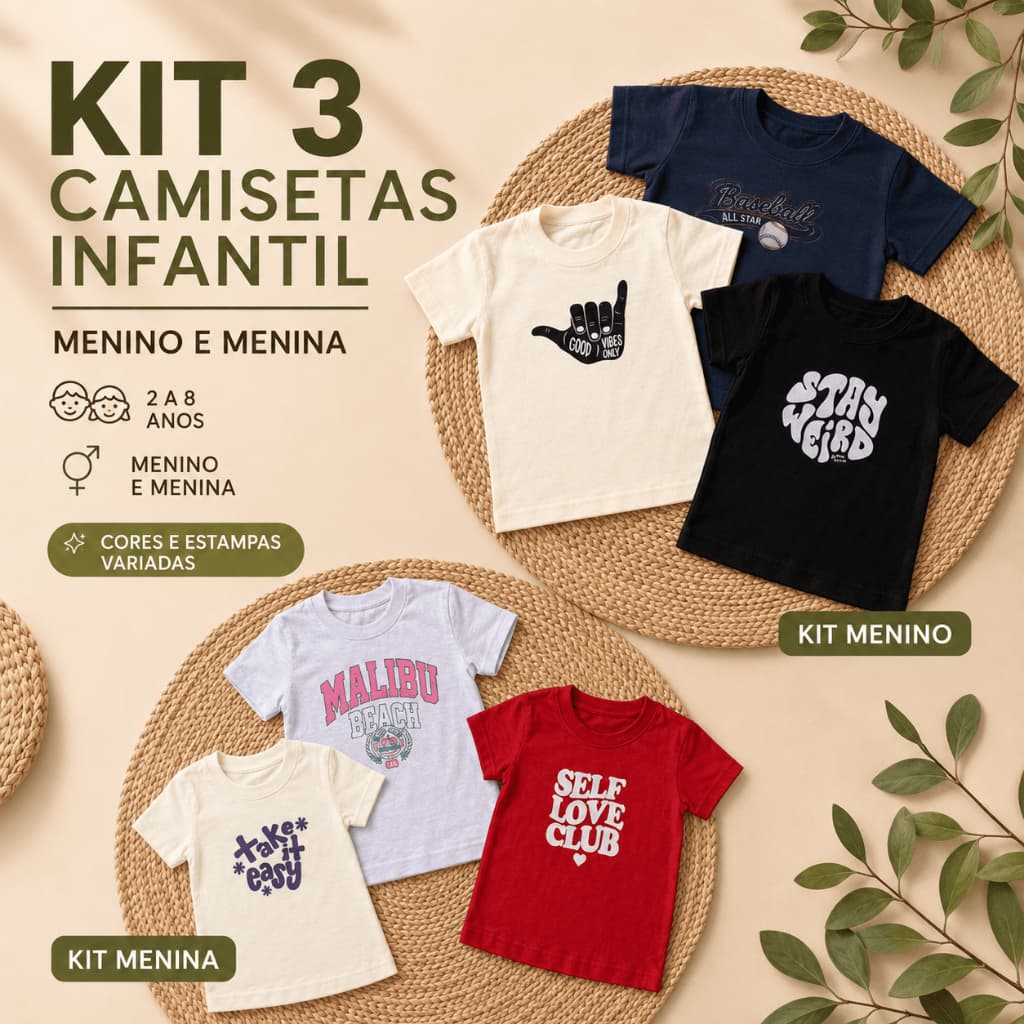Kit 3 Camiseta Infantil SORTIDAS de 2 a 8 Anos Modernas e Divertidas Algodão Menino e Menina