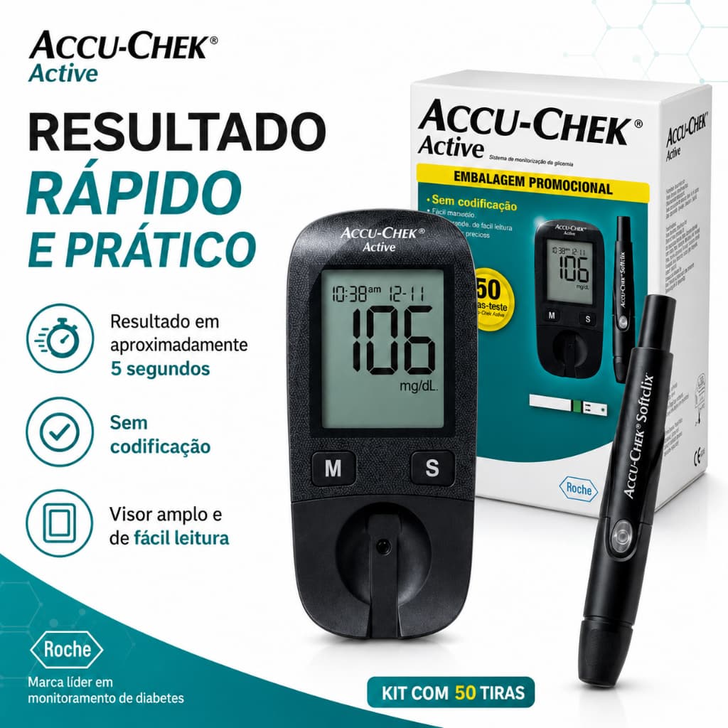 Kit Accu-Chek Active Medidor de Glicose Glicemia Diabetes + 50 Tiras Reagentes + Lancetador Softclix Roche Original 50un