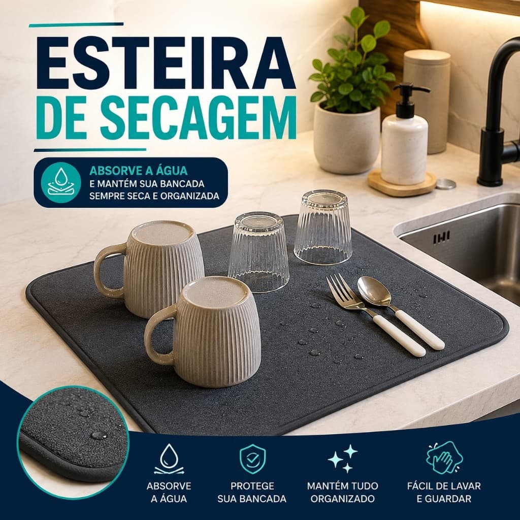 Esteira de Secagem de Louças 40x30cm Tapete Escorredor de Pratos Copos Talheres Antiderrapante Bancada Cozinha
