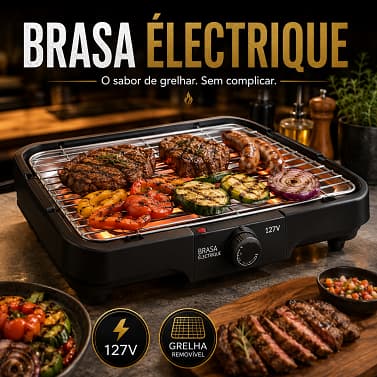 Churrasqueira Elétrica Grill 127V Compacta com Grelha Removível para Carnes e Legumes
