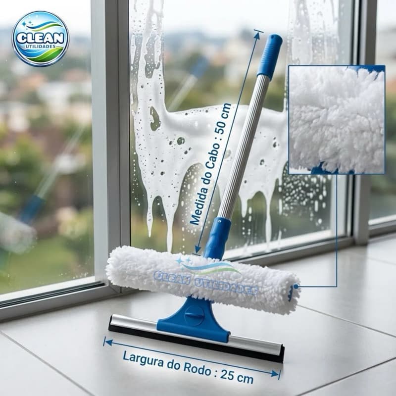 Kit 2 Em 1 Rodo Para Limpeza De Vidros 25cm Com Cabo 50cm - PROFISSIONAL