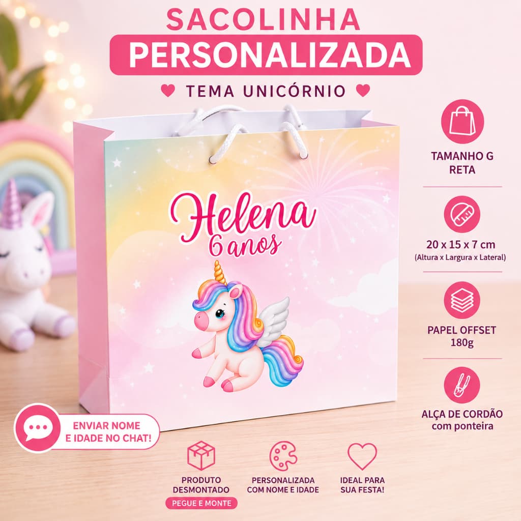 24 Sacolinhas G Reta Personalizada Unicórnio | Fazemos qualquer tema | Envio 24H