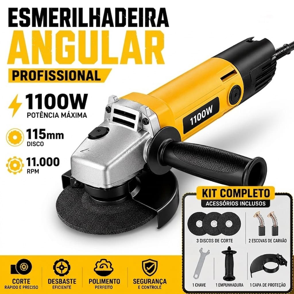 Esmerilhadeira Angular Profissional 1100W Alta Performance 115mm com Controle Seguro para Corte, Desbaste e Polimento