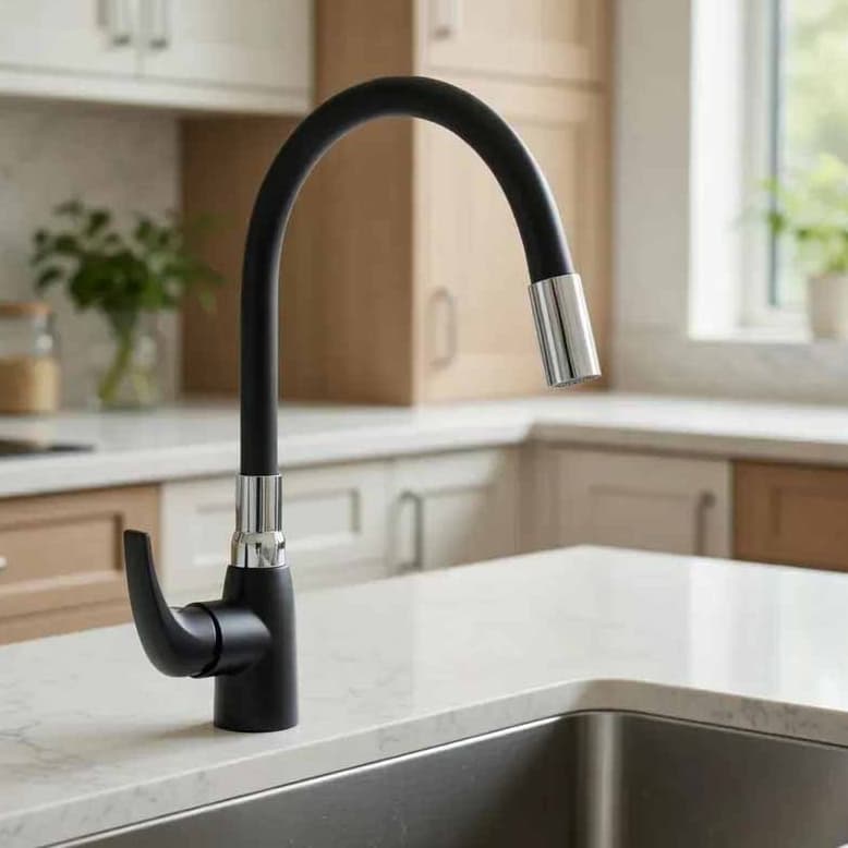 Torneria Cozinha Bica Alta monocomando água quente fria preta e cormado