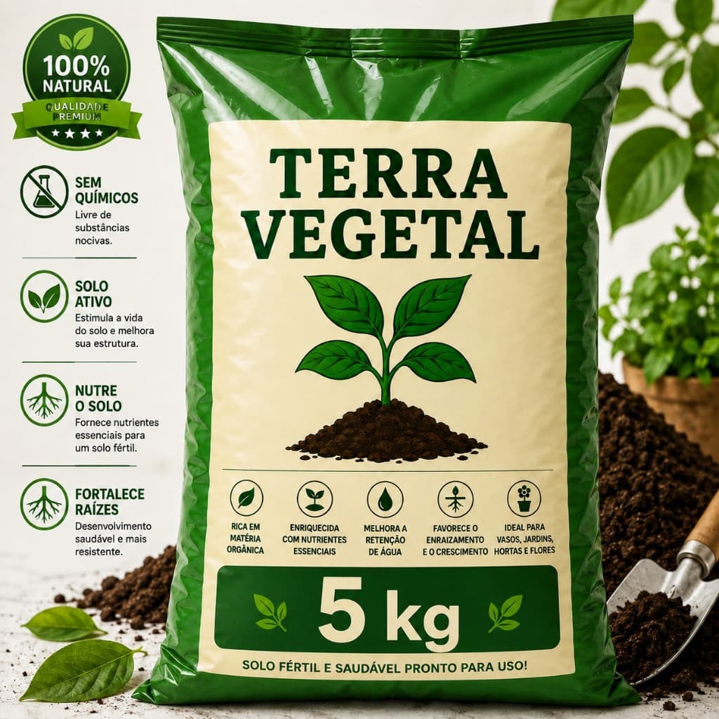 Terra Vegetal 5kg Adubada Orgânica Pronta para Uso – Vasos, Jardins, Hortas, Flores e Plantas
