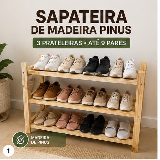 Sapateira Madeira Pinus 3 Prateleiras Organizador para 9 Pares de Sapatos