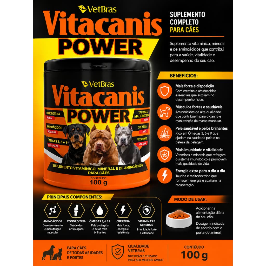 Suplemento Alimentar Vitacanis Power 100G Vetbras para Cães e Gatos