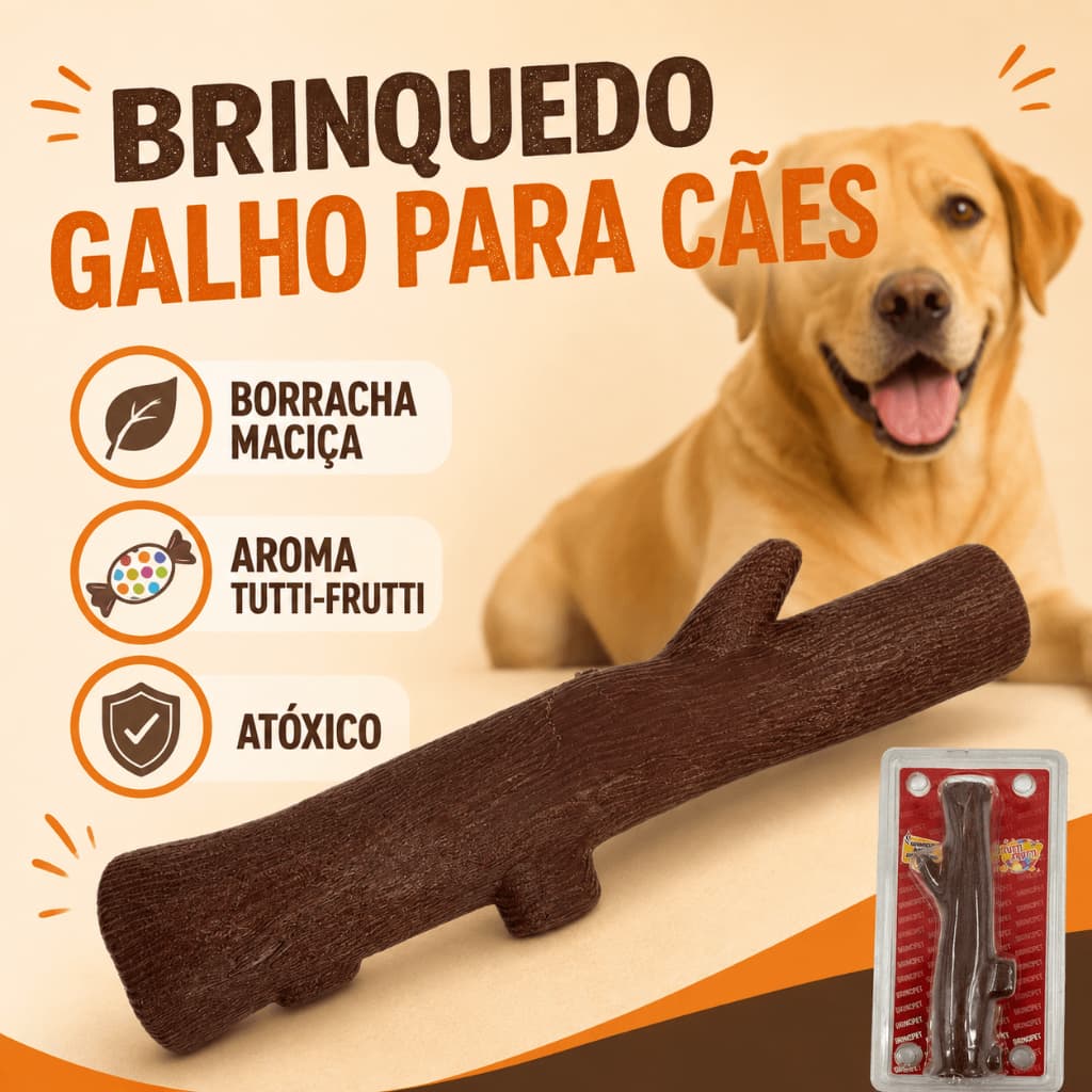 Brinquedo Mordedor Galho de Borracha Maciça para Cachorro Resistente 21cm Marrom BrinqPet