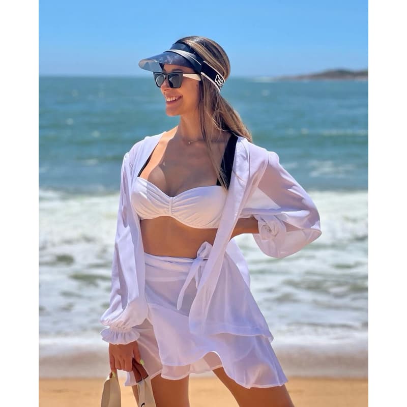 Conjunto Feminino Praia Branco Verão  Saia Curta + Camisa Manga Longa Saída de Praia