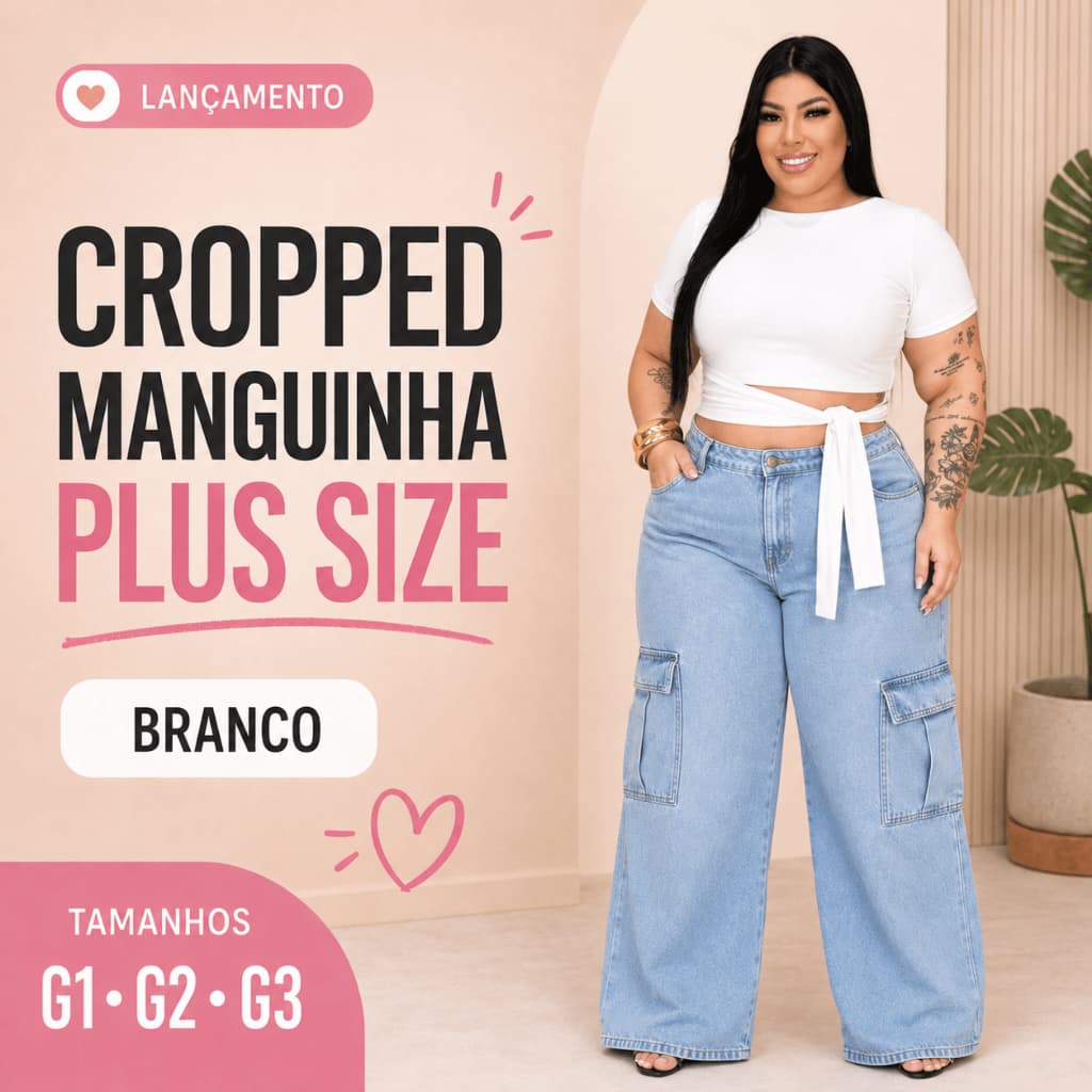 Cropped Feminino Plus Size Manga Curta com Amarração Branco Blusa Moderna Confortável G1 G2 G3 Verão