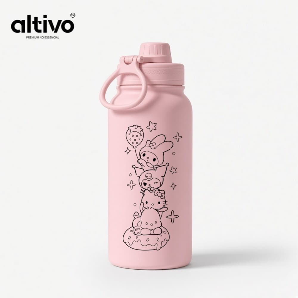 Garrafa Térmica Infantil Sanrio Kawaii Família Personalização 600ML com Tampa e Alça em Aço Inoxidável