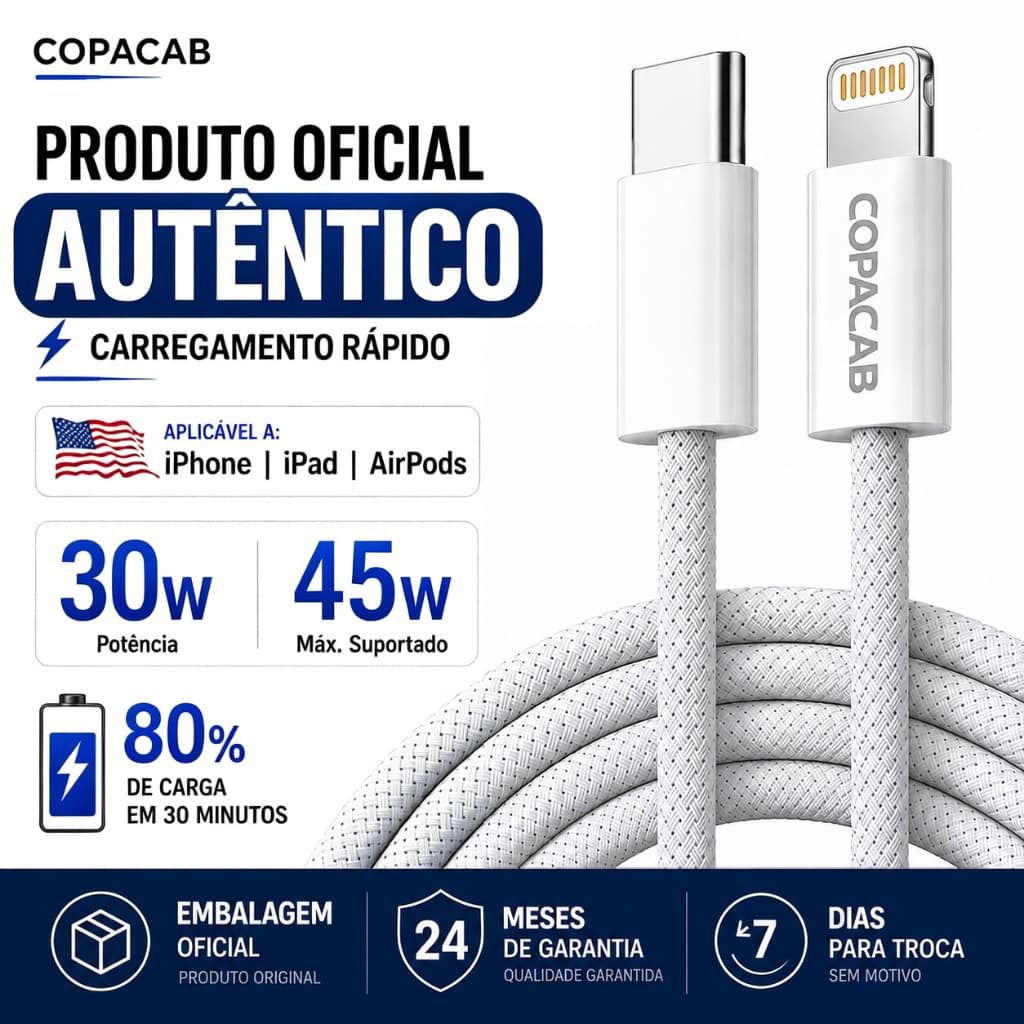 Cabo USB-C para Lightning / Tipo C para Tipo C 30W PD Carregamento Rápido,1M/2M, p/ iPhone 17 16 15 14 13 12 11 Pro max
