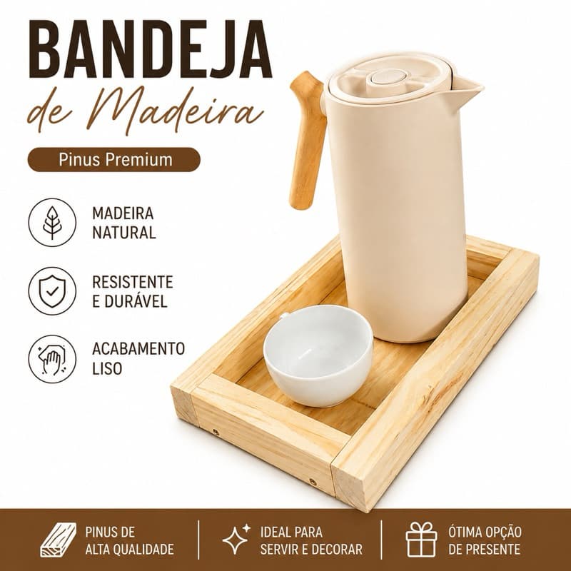 Bandeja de Madeira Pinus Artesanal | Servir Café, Frutas e Petiscos