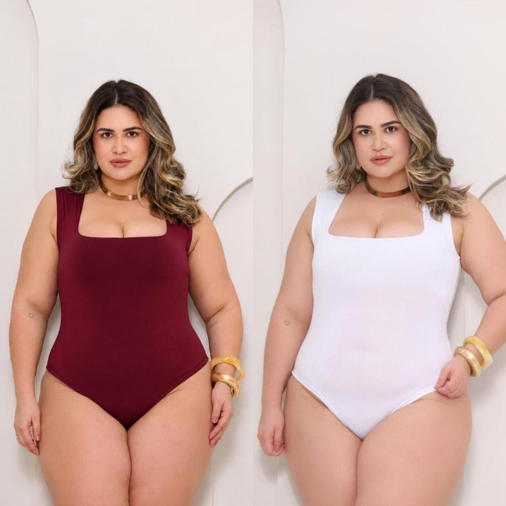 Kit 2 Body Blusa Feminino Plus Size Casual Regata Alça Larga Decote Gola Quadrada Forro Frontal  Suplex  Romantic